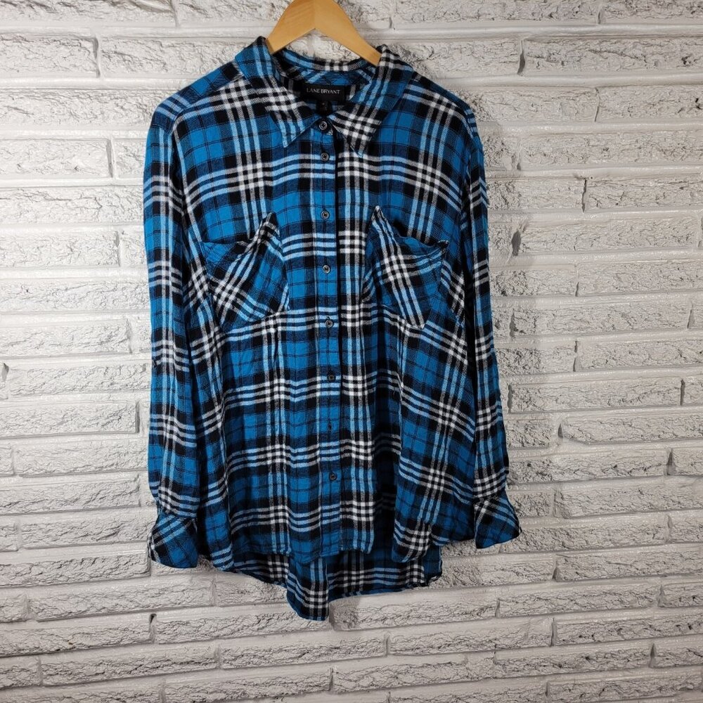 Lane Bryant Womens Top 24 Plus Long Sleeve Blue Plaid Soft Flannel PLA108E